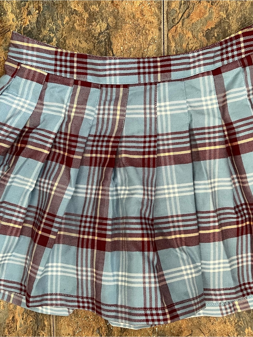 Forever 21 Pleated Plaid Mini Skirt in Light Blue and Burgundy
